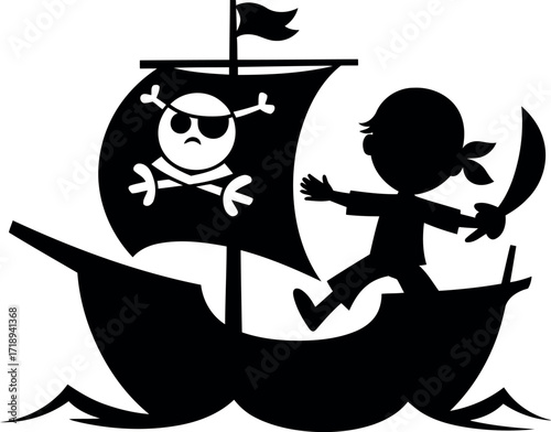 Silhouette pirate boy jolly roger ship sailing ocean waves cartoon vector