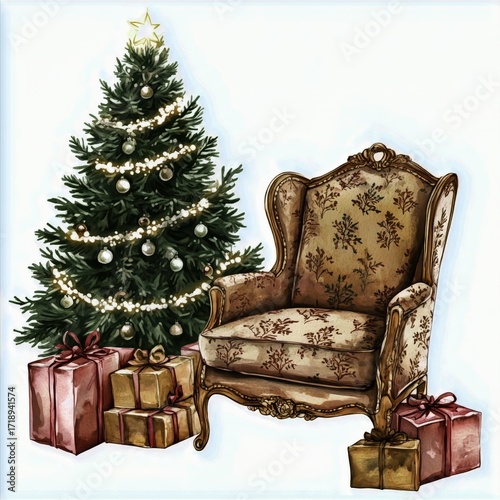 Cozy Chair by a Decorated Christmas Tree Surrounded by Gifts on a Snowy Day.