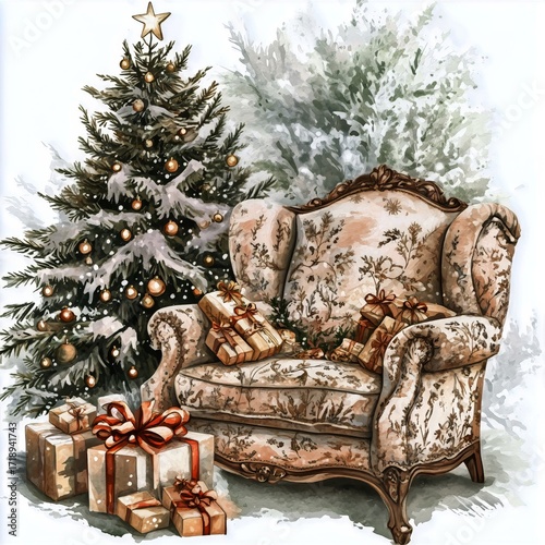 Cozy Holiday Setting With a Decorated Tree and Gifts Near an Elegant Chair.