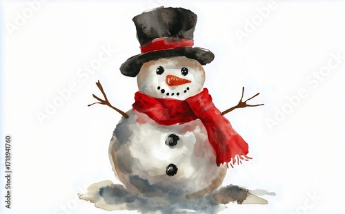 Bright Snowman Wearing a Hat and Scarf Stands Cheerfully in the Snow During W...