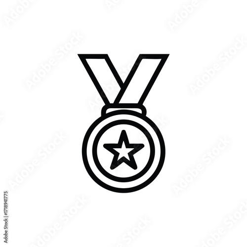 Star Medal Icon with Ribbon, Achievement Symbol in Outline Style on BG