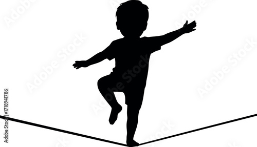 Child silhouette balancing on tightrope childhood adventure and focus vector