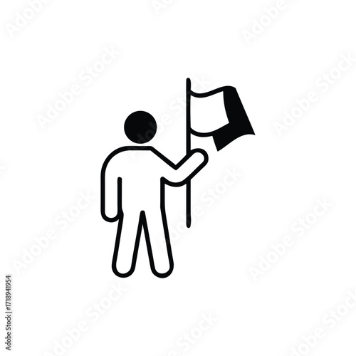 Stick Figure Waving Flag Icon, Simple Black Design on Background