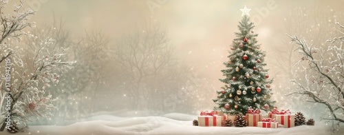 Snowy Christmas Scene With Decorated Tree and Gift Boxes in a Serene Winter L...
