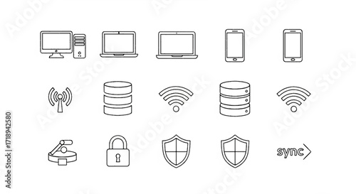 Set of modern technology and network icons including computer, laptop, mobile phone, database, shield, lock, and sync symbols