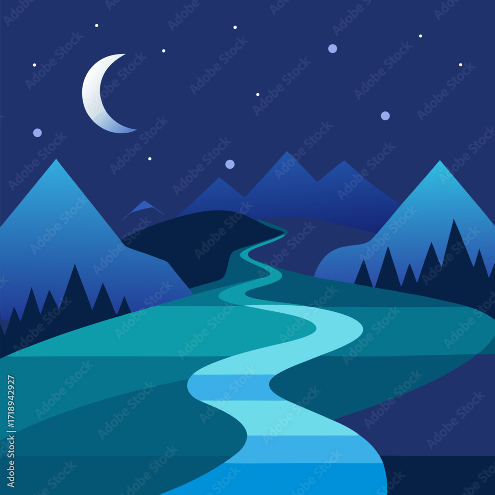 Fototapeta premium Serene night landscape with winding river and vector landscape background.