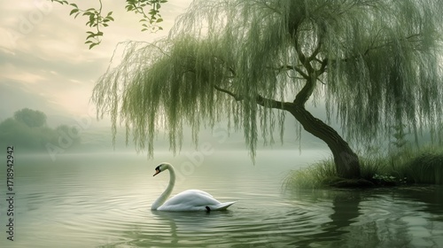 Swan Swimming Peacefully in a Serene Lake Surrounded by Willow Trees at Dawn