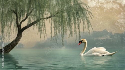 Elegant Swan Gliding Through Calm Waters Under a Willow Tree at Dusk