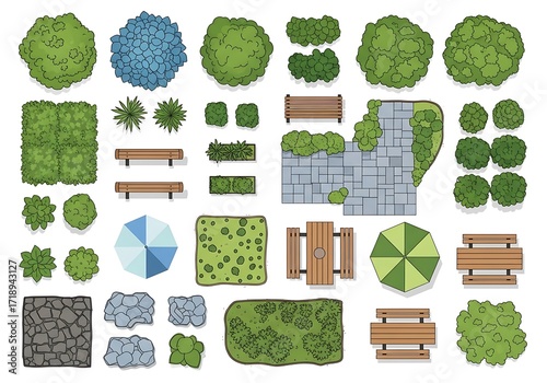 Collection of top down view landscape elements including trees benches and pathways isolated on white background