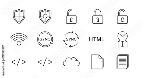 Collection of security, technology, and data management icons for digital use