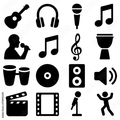Melodic Silhouettes: A harmonious collection of musical icons, including a guitar, headphones, microphone, notes, and more, presented as elegant black silhouettes.