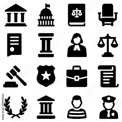 Legal Icons and Symbols: A collection of clean, minimalist vector icons that represent justice, law, and legal institutions, featuring diverse symbols for courtrooms, judiciary, and law.