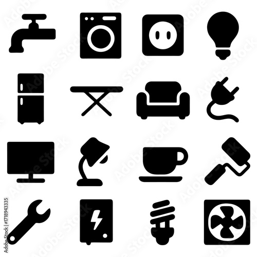 Home Essentials: A collection of basic home elements and appliances, presented in a neat, minimalist design, ideal for illustrating daily life and home-related concepts.