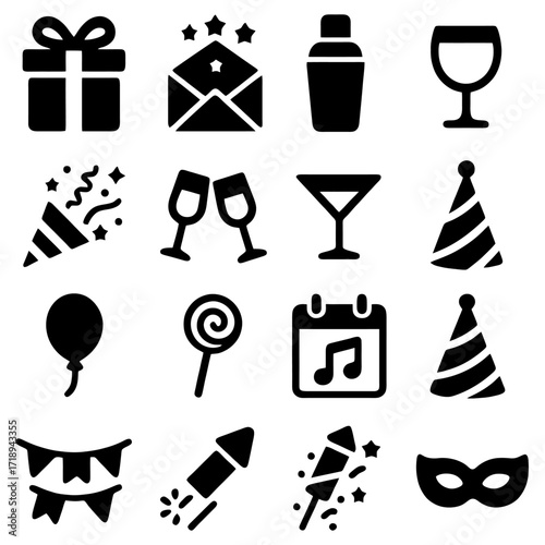 Party Symbols and Icons: A collection of meticulously crafted, minimalist icons, ideal for a digital party or celebration. 