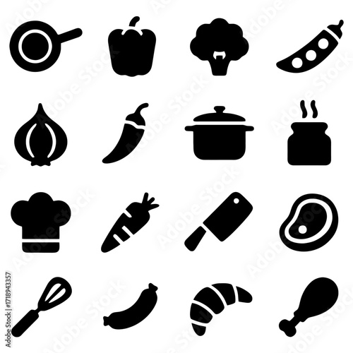 Culinary Icon Collection: A diverse array of culinary symbols in a clean, minimalistic design, offering versatility for food and recipe-themed projects. 
