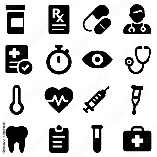Medical Icon Set: A comprehensive collection of clean, black-and-white medical icons. Perfect for representing diverse healthcare concepts. 