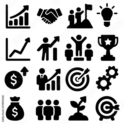 Success Icons: A collection of illustrated icons showcasing essential symbols of professional achievements, business growth, and goal attainment, ideal for visual representation of key concepts.