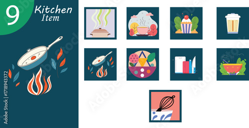 Vector illustration of vector art of a vibrant kitchen item card featuring cooking utensils and a blazing fire