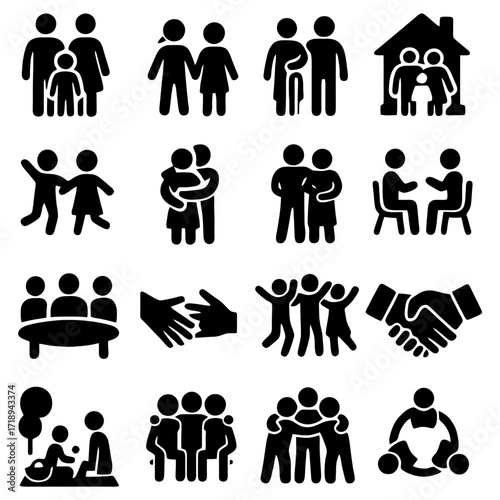 Pictograms of Human connection: A selection of pictograms represents the themes of family, partnership, support, collaboration, and camaraderie with black shapes.