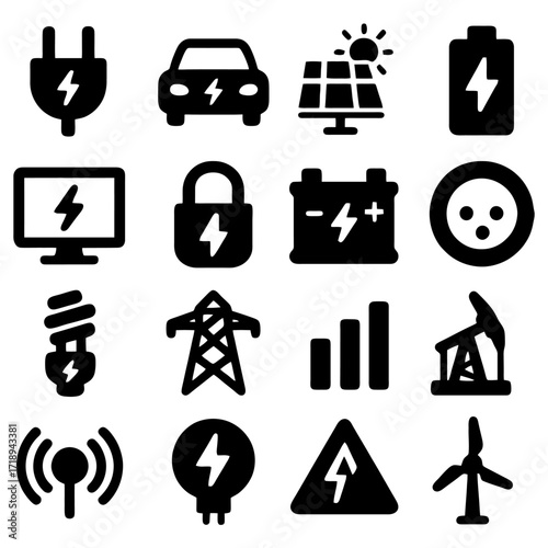 Electric Energy Icon Set: Illustrative collection of various electric energy symbols representing diverse aspects of power generation, consumption, and sustainability. 