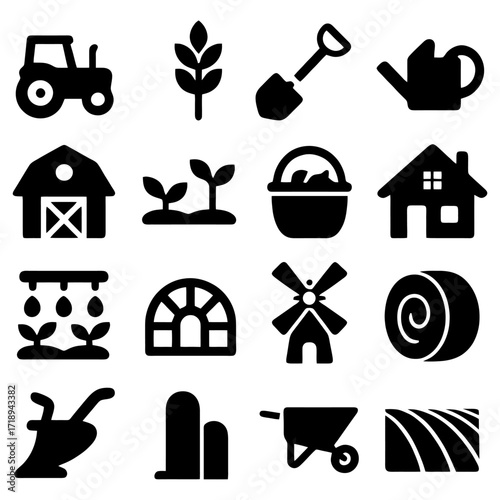 Farming tools and agriculture Icons: This image is a collection of agricultural icons that represents tools and farming activities.