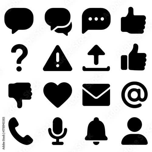 Iconic Interface Elements: A curated selection of essential communication and interaction icons, meticulously crafted in a sleek, bold style.