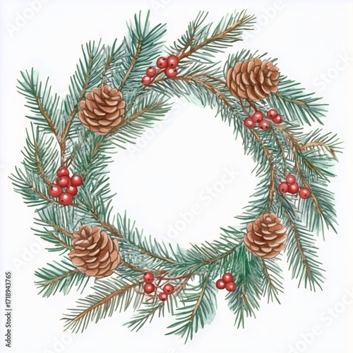 Beautiful Holiday Wreath Made of Pine Branches, Cones, and Red Berries for Wi...