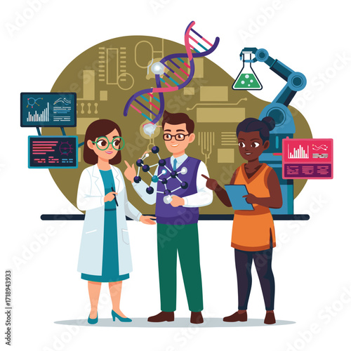 Diverse scientists collaborate on groundbreaking research in modern lab, driving innovation and discovery for a brighter future with advanced technology