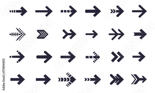 Array of twentyfour dark arrows pointing right with varied designs evenly spaced on a white background