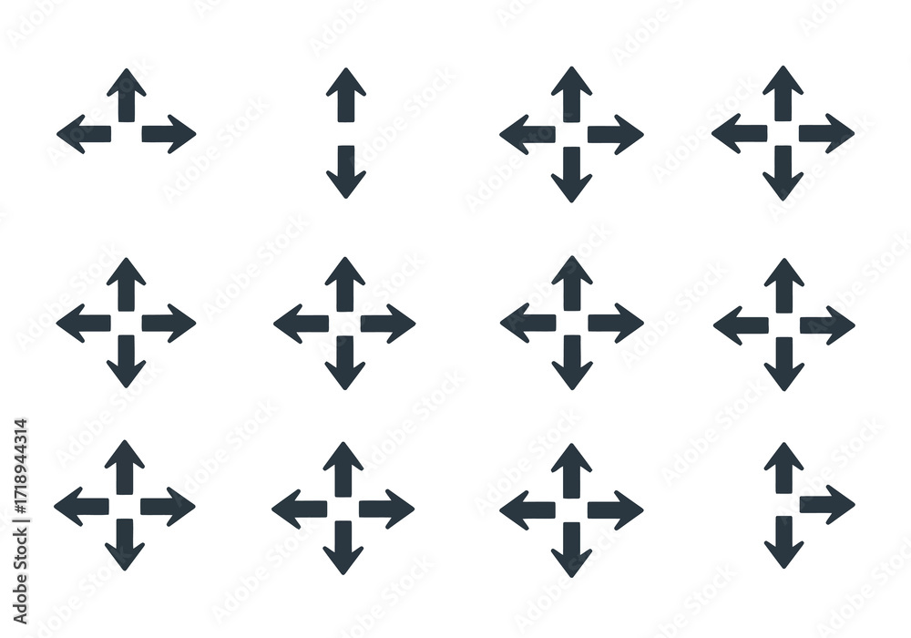 Fototapeta premium Collection of various directional arrows in a grid pattern