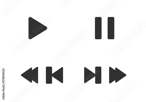 Four black media player icons Play Pause Rewind and Fast Forward on white