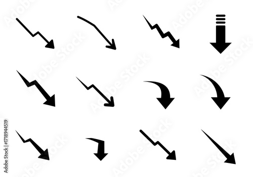 Twelve black downward arrows point to the lower right in varied styles