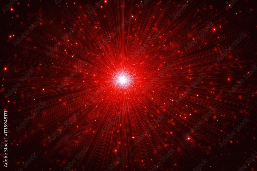 Naklejka premium Red light bursts from center, radiating outwards with sparkles