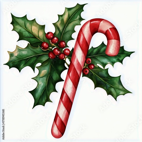 Colorful Candy Cane and Holly Leaves Create Festive Holiday Decoration for Wi...