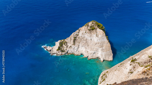 Fotografie Aerial view of Plakaki beach Zakynthos Greece coastline with rugged cliffs turqu