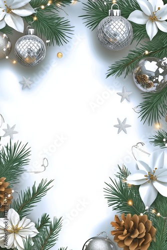Festive Winter Decoration With Silver Ornaments and White Flowers on a Light ...