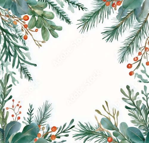 Beautiful Holiday Floral Frame Featuring Green Leaves and Red Berries.