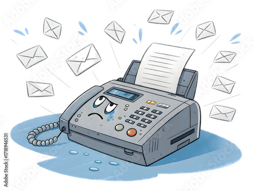 Frustrated fax machine overwhelmed with mail,isolated on white background