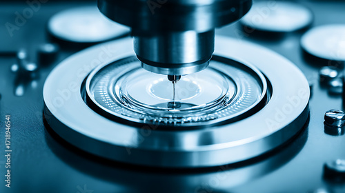 Close-up of precision machining tool drilling into a circular metal component