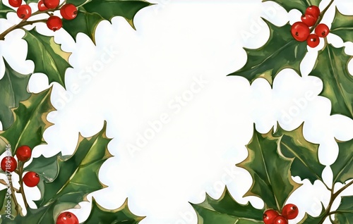 Festive Holly Leaves and Berries Frame for Holiday Greetings and Decorations