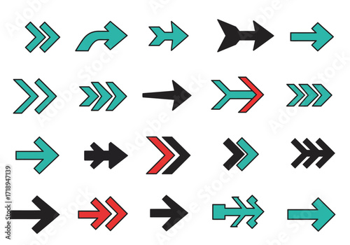 A grid featuring an assortment of twenty rightpointing arrows in teal red and black