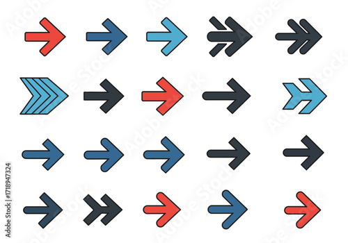 An assortment of rightpointing arrows various colors and shapes arranged in rows
