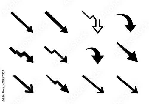Array of 12 black downward arrows with diverse shapes and styles