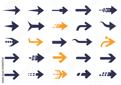 Array of 25 graphic arrows some with motion effects colored in dark blue and orange