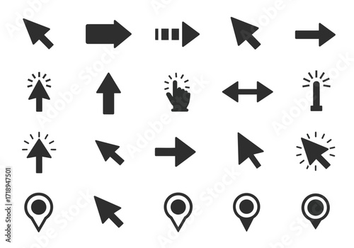 Collection of computer cursor and directional icon designs in a grid