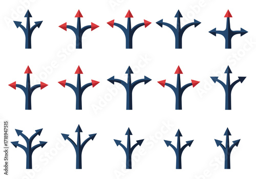 Fifteen arrowshaped icons arranged in rows of five point in various directions with blue or red heads and navy bodies