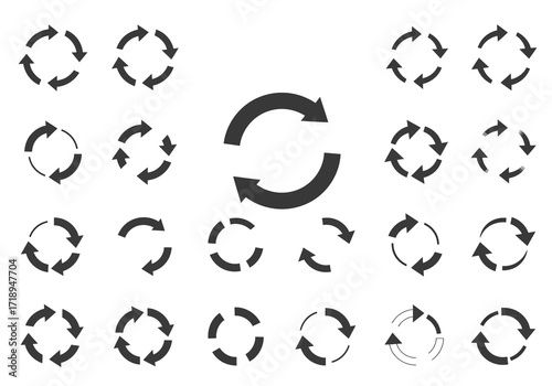 Image shows twentyone arrow circle symbols in varying designs and arrangements