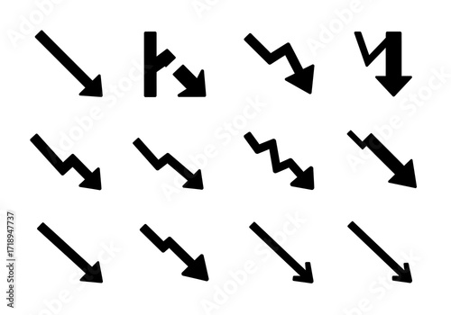 Twelve arrows in black on a white background pointing down or diagonally down with various designs
