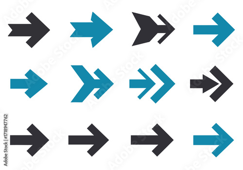 Twelve arrows of various designs arranged in a grid pattern colored either black or teal