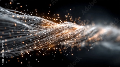 Futuristic glowing network cable in mid-air with floating data particles representing internet flow and high-speed transmission, abstractly designed with no real-world devices shown